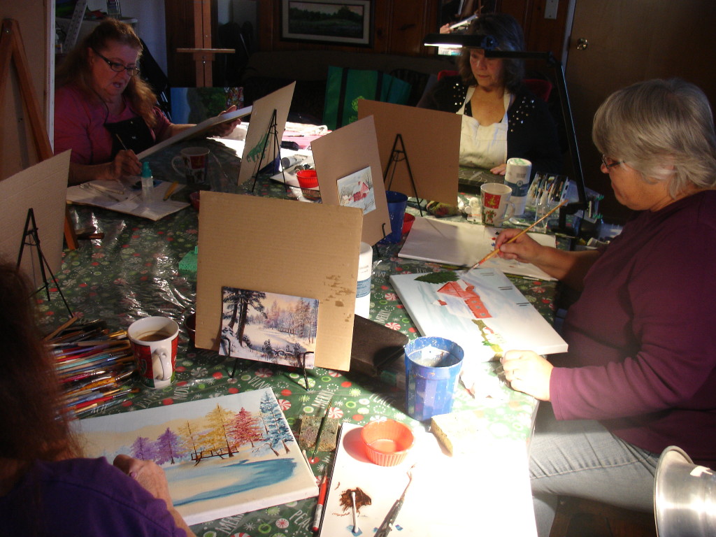 Adult Students working on Holiday Paintings 2015