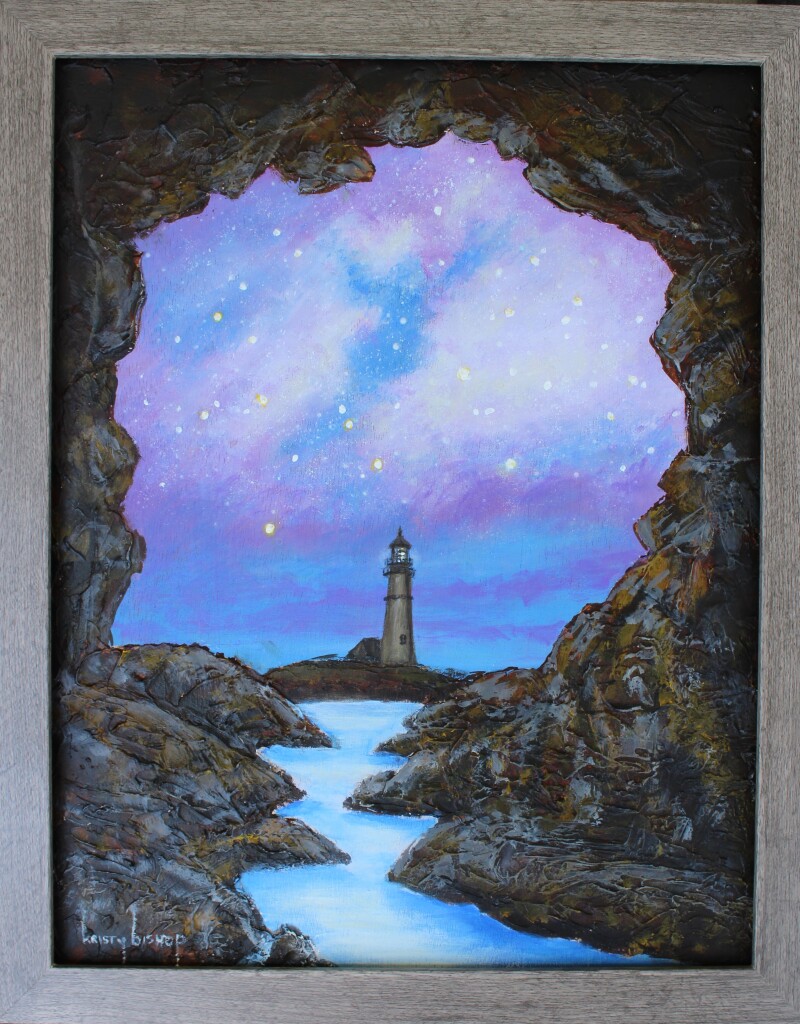 Fantasy Lighthouse from the Lighthouse series 14" x 11" Acrylic on Wood by Kristy Bishop (c) 2023 